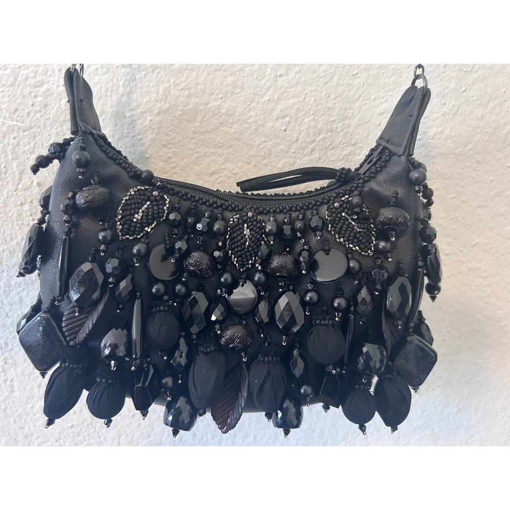 MARY FRANCES Handmade Black Beaded Bauble Mini Handbag Crossbody Chain Bag $215 - Picture 2 of 9